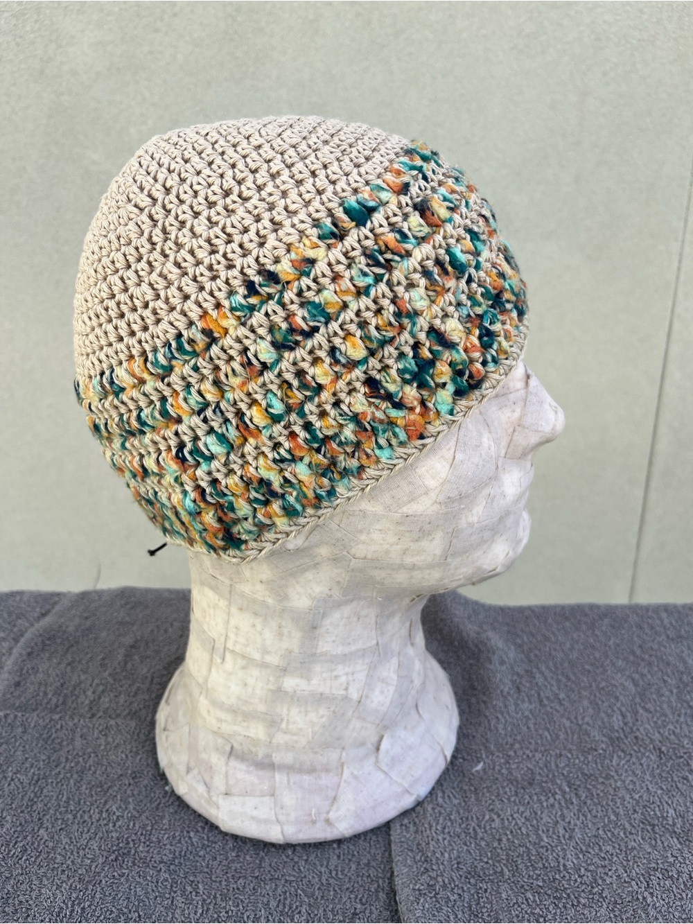 Handmade Hemp and Bamboo Cream and Multicolor Crochet Beanie